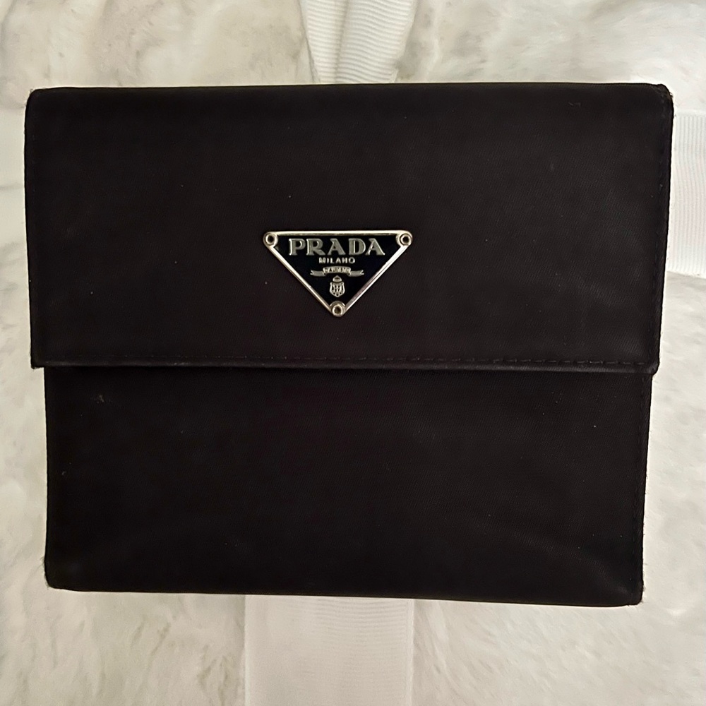Prada Black Wallet with Textured Fabric and Flap Closure